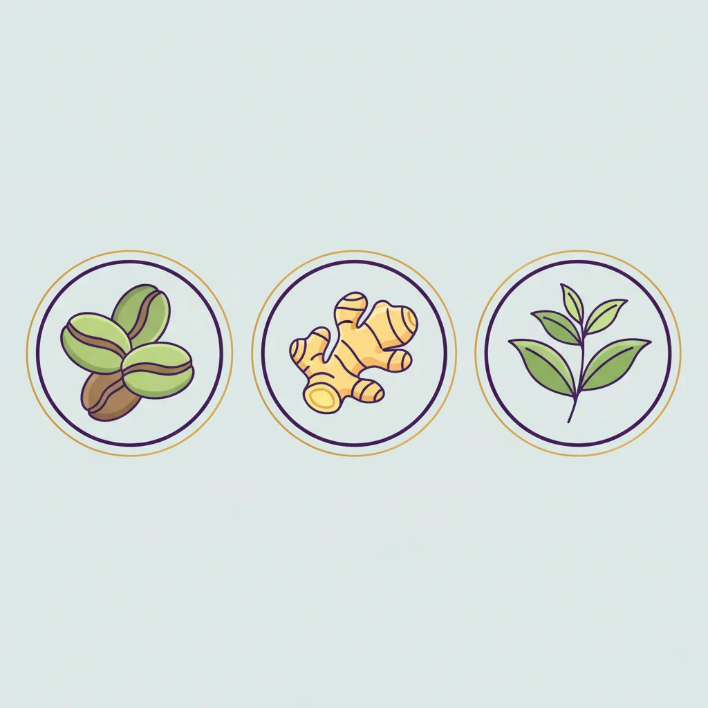 Three botanical ingredient spotlight icons showing green coffee beans, ginger root and green tea leaves in a clean editorial style