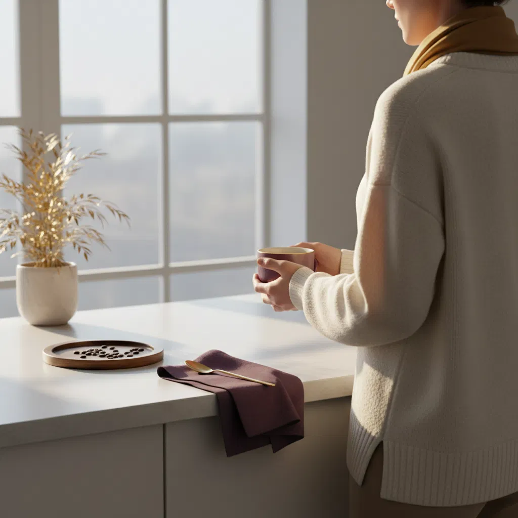 A person seen from behind holding a warm coffee mug at a bright kitchen counter, supporting a daily wellness routine