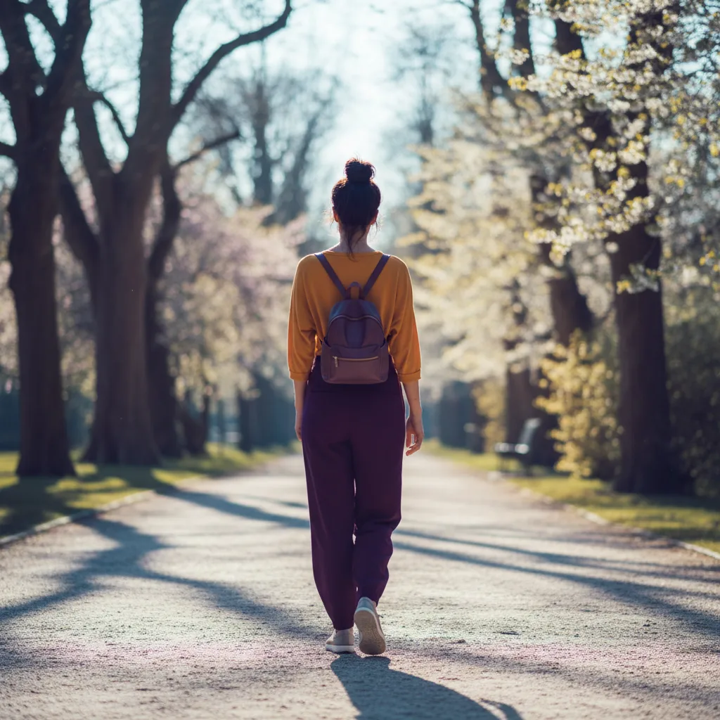 A woman's silhouette walking along a sunlit park path, representing an active lifestyle