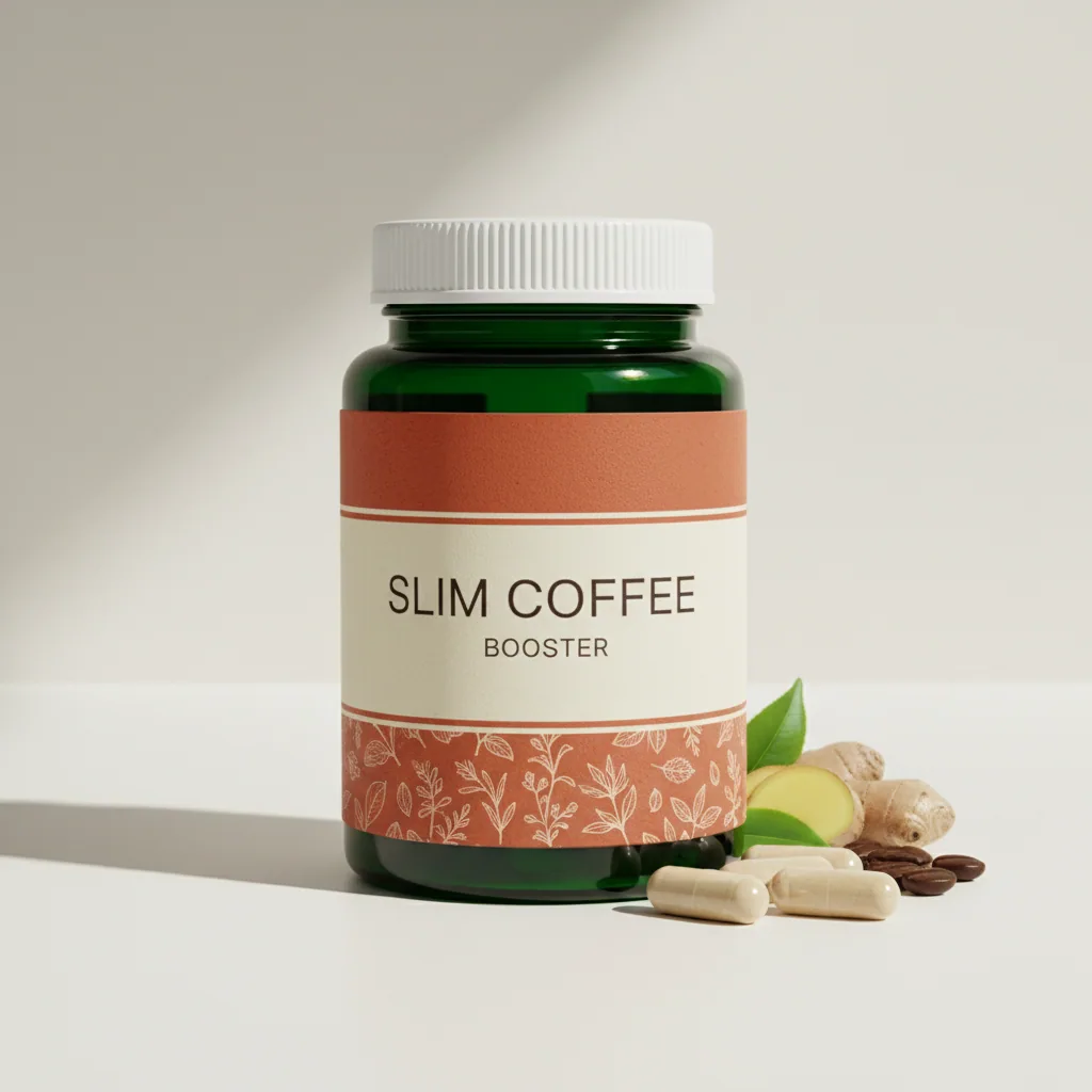 Slim Coffee Booster - compact square retail box with dark charcoal background, deep purple and gold emblem, gold lettering